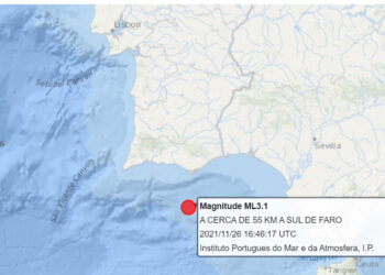 Sismo de magnitude 3.1 com epicentro a 55km a sul de Faro