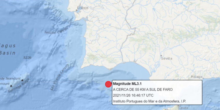 Sismo de magnitude 3.1 com epicentro a 55km a sul de Faro