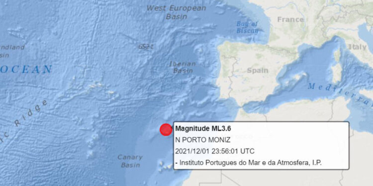 Sismo de magnitude 3.6 com epicentro a 30 km a Norte do Porto Moniz