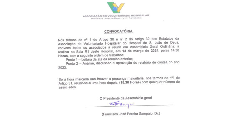 Associação do Voluntariado Hospitalar convoca associados
